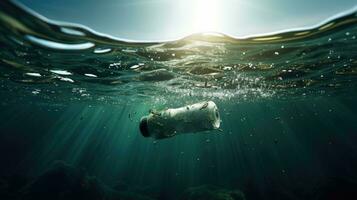 Old plastic bottle in ocean. environmental protection concept. Generetive AI photo