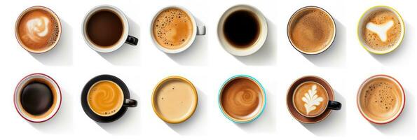 Top view, Set of paper take away cups of different black coffee isolated on white background. Generative ai photo