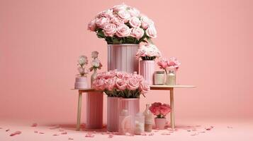 A pastel pink production stand with beautiful fresh roses. Paste for empty areas of products, gentle colors. Generative Ai. photo