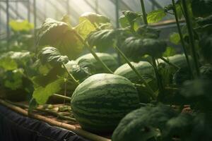 Watermelon with leaves and sunlight in the agriculture farm waiting for harvest in greenhouse. Generative Ai photo