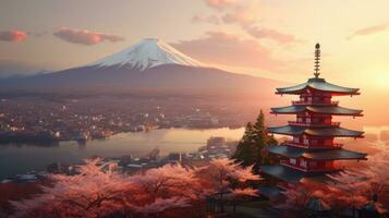 Mount Fuji and Chureito pagoda at sunset, japan in the spring with cherry blossoms. Mountain Fuji. Generetive Ai photo