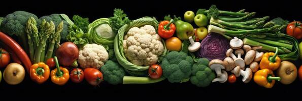 Assortment of fresh vegetables. Food background with assortment of fresh organic vegetables. Fresh vegetables. wide banner. Generative AI photo