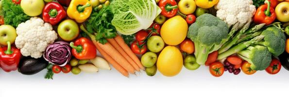 Assortment of fresh vegetables. Food background with assortment of fresh organic vegetables. Fresh vegetables. wide banner. Generative AI photo