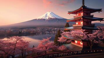 Mount Fuji and Chureito pagoda at sunset, japan in the spring with cherry blossoms. Mountain Fuji. Generetive Ai photo