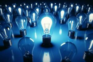 Smart thinking illustrated with a glowing lamp among blue lightbulbs AI Generated photo
