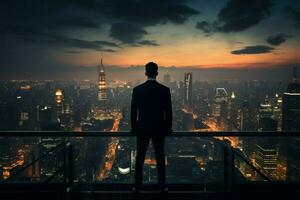 Amidst city shadows, a poised businessman takes in the rooftop view AI Generated photo