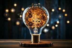 Wooden backdrop, light bulb, gears - idea, innovation, teamwork, leadership AI Generated photo