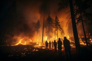 Silhouetted people witness forest fire at night AI Generated photo