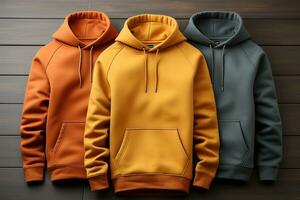 Design mockup clothes, realistic 3D rendering of blank hoodies AI Generated photo