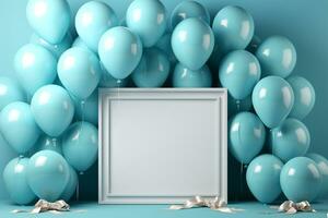 Balloons and frame, blue table, top view mockup, party planning AI Generated photo