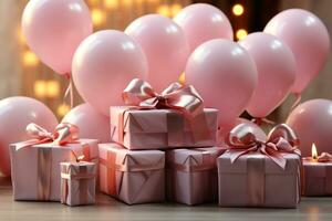 Gift box with pink birthday items, empty copy space AI Generated photo