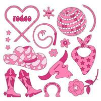 Set of cowgirl stuff in the wild west. Pink famale cowboy accessories and attributes - disco ball, boots, hat. Bright pink fashionable flat contour style. Barbiecore and lettering. Vector illustration