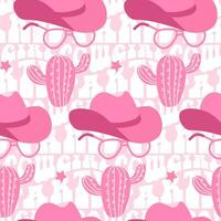 Retro seamless pattern with different Cowgirl hat, cactus, vintage sunglasses and text phrase on background. Pink Wild West fashion style vector for invitation, wrapping paper, packaging etc.