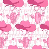 Retro seamless pattern with different Cowgirl hat, cactus, vintage sunglasses and text phrase on background. Pink Wild West fashion style vector for invitation, wrapping paper, packaging etc.