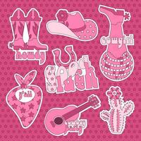 Set of pink stickers pink cowgirl wild west theme. Pink wild west illustrations, cowboy hat, good luck horseshoe and boot with lettering quotes. Vector hand drawn design.