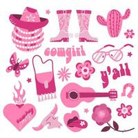 Big set of 60s retro girlish cowboy fashion elements. Cowboy boots, revolver, hat, guitar, bag, skull, disco ball, vintage inscriptions. Trendy theme of westernt dangerous cowgirl vector design.