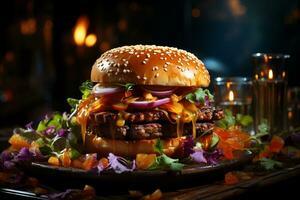 Gourmet affair, a delectable burger with crispy veggies on a posh plate AI Generated photo