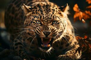 majestuoso depredador, un de cerca retrato de un enojado leopardo en desierto ai generado foto