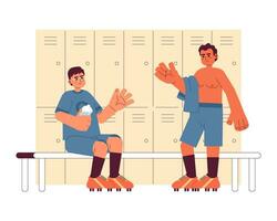 Men in changing room flat concept vector spot illustration. Multinational football players 2D cartoon characters on white for web UI design. Team isolated editable creative hero image