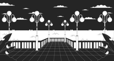 Night waterfront with streetlights black and white lo fi aesthetic wallpaper. Nighttime city quay, glowing lampposts outline 2D vector cartoon cityscape illustration, monochrome lofi background