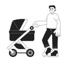 Walking with baby inside carriage monochrome concept vector spot illustration. Father pushes baby stroller 2D flat bw cartoon character for web UI design. Isolated editable hand drawn hero image