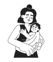 Happy maternity monochrome concept vector spot illustration. Cheerful latina mother holding baby in sling 2D flat bw cartoon characters for web UI design. Isolated editable hand drawn hero image