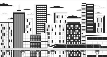 Bullet train night skyscrapers black and white lo fi aesthetic wallpaper. Highrise buildings twilight, railway train outline 2D vector cartoon cityscape illustration, monochrome lofi background