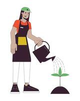 Happy gardener watering plant flat line color vector character. Indian woman holding watering can. Editable outline full body person on white. Simple cartoon spot illustration for web graphic design