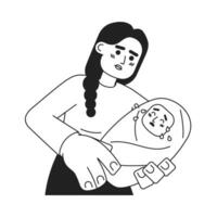 Challenges of motherhood monochrome concept vector spot illustration. Baby crying on mother hands 2D flat bw cartoon characters for web UI design. Parenting isolated editable hand drawn hero image