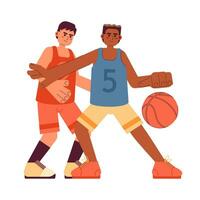 Basketball players with ball flat concept vector spot illustration. Team sport. Young men playing basketball 2D cartoon characters on white for web UI design. Isolated editable creative hero image