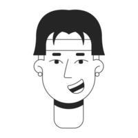 Excited asian man smiling monochrome flat linear character head. Editable outline hand drawn human face icon. Cheerful boy 2D cartoon spot vector avatar illustration for animation