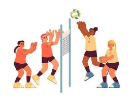 deportistas jugando vóleibol plano concepto vector Mancha ilustración. equipo deporte. juego con pelota. campeonato 2d dibujos animados caracteres en blanco para web ui diseño. aislado editable creativo héroe imagen