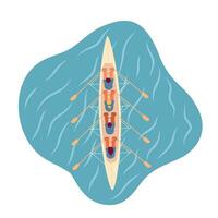 Kayaking team sport flat concept vector spot illustration. Top view of four oarsmen on sea. Championship 2D cartoon characters on white for web UI design. Isolated editable creative hero image