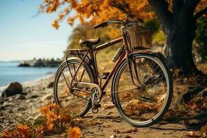 Clásico bicicleta estacionado junto a un árbol, fin de semana vibraciones ai generado foto