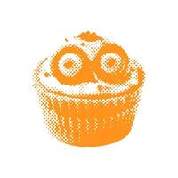 Cupcake with Zombie eyes - Halloween halftone dotted realistic clipart. Offset texture Vintage illustration in 90s grunge style vector