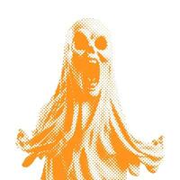 White sheet ghost - Halloween halftone dotted realistic clipart. Offset texture Vintage illustration in 90s grunge style vector