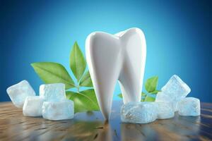 Toothpaste ad template with giant tooth model, ice cubes, and mint leaves AI Generated photo