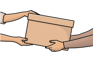 Volunteer giving a donate box to the Recipient illustration. World charity day concept. Hands holding box icon logo design. Food donation concept. Charity, food donation for needy people. png