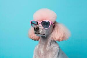 A fashionable poodle pet dog wearing sunglasses in the studio. Generative ai. photo