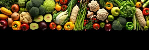 Assortment of fresh vegetables. Food background with assortment of fresh organic vegetables. Fresh vegetables. wide banner. Generative AI photo