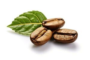 3 shiny fresh roasted coffee beans with leaves isolated on white background. Generative ai photo