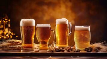 Draught beer craft in glasses on gold background. Generative AI photo