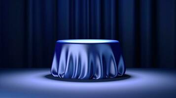 Empty podium or Round pedestal decorated with satin fabric for awarding or displaying products. Generative Ai. photo