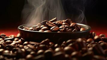 Arabica or Robusta coffee beans, Coffee beans with smoke. Generative Ai photo