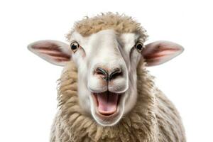 A Sheep, Funny sheep. Portrait of sheep showing tongue isolated on white background.Generative AI photo