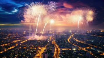 contento nuevo año en el capital allí son fuegos artificiales en el cielo a noche. generar ai foto