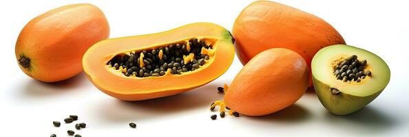 Set of papaya and sliced papaya isolated on white background. Generative Ai photo