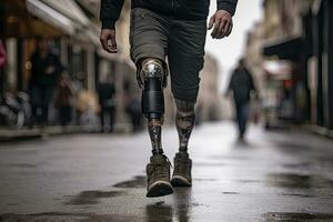 Close-up of Disabled young man with prosthetic leg walking on street. Generetive Ai photo
