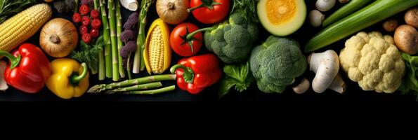 Assortment of fresh vegetables. Food background with assortment of fresh organic vegetables. Fresh vegetables. wide banner. Generative AI photo