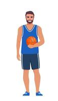 contento hombre baloncesto jugador en uniforme con pelota aislado en blanco antecedentes. vector ilustración.